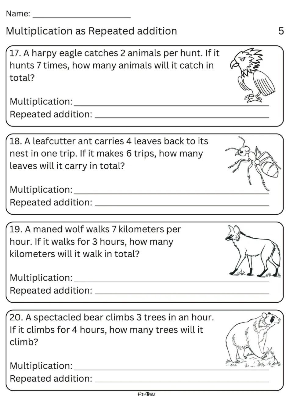 Word problems 17-20 on a harpy eagle, leafcutter ant, maned wolf and bear: students write products and repeated sums