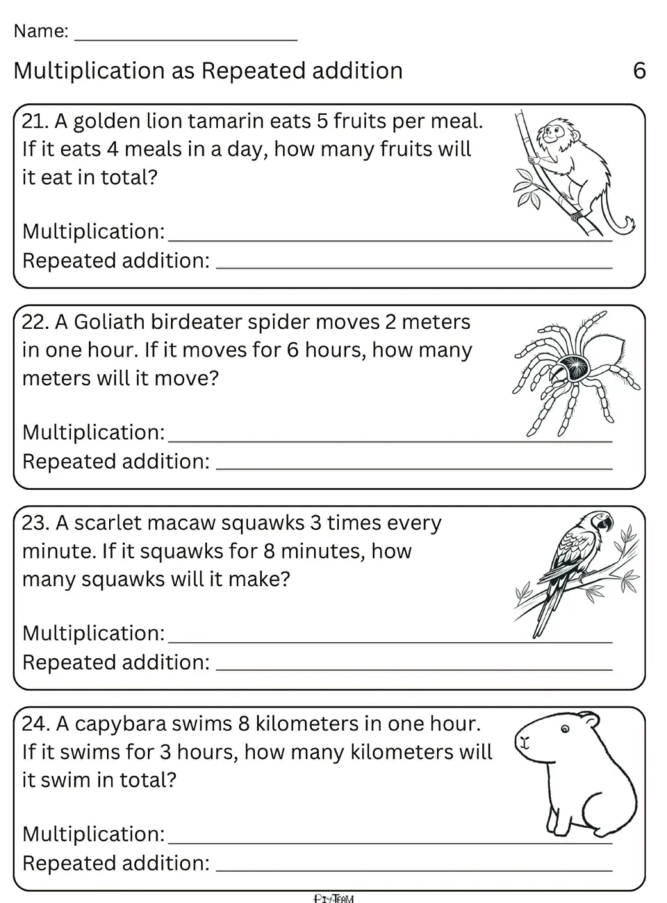 Word problems 21-24 on a tamarin, spider, scarlet macaw and capybara: students show each as a times fact and an addition