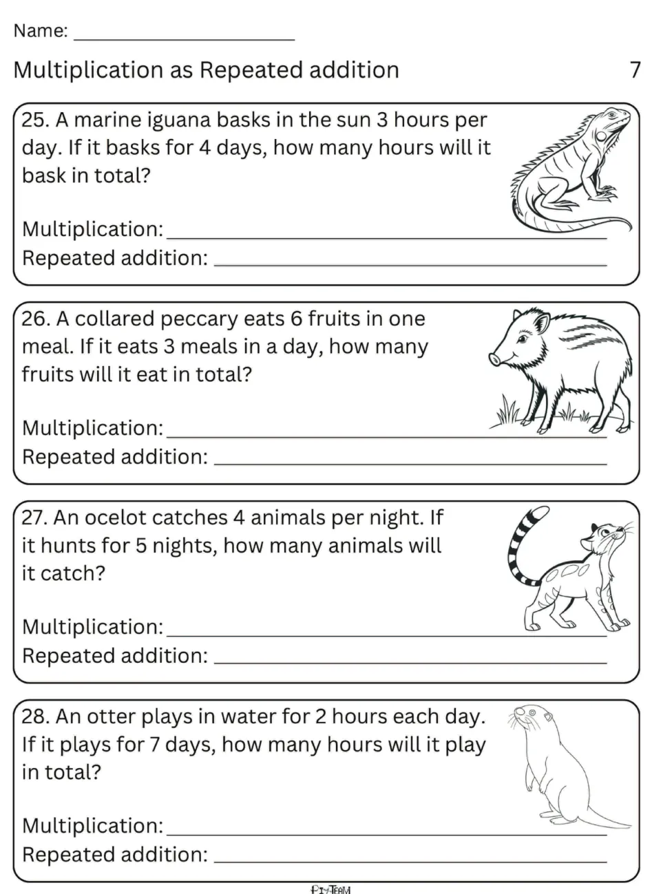 Word problems 25-28 about an iguana, peccary, ocelot and otter: students turn each story into a multiplication and addition