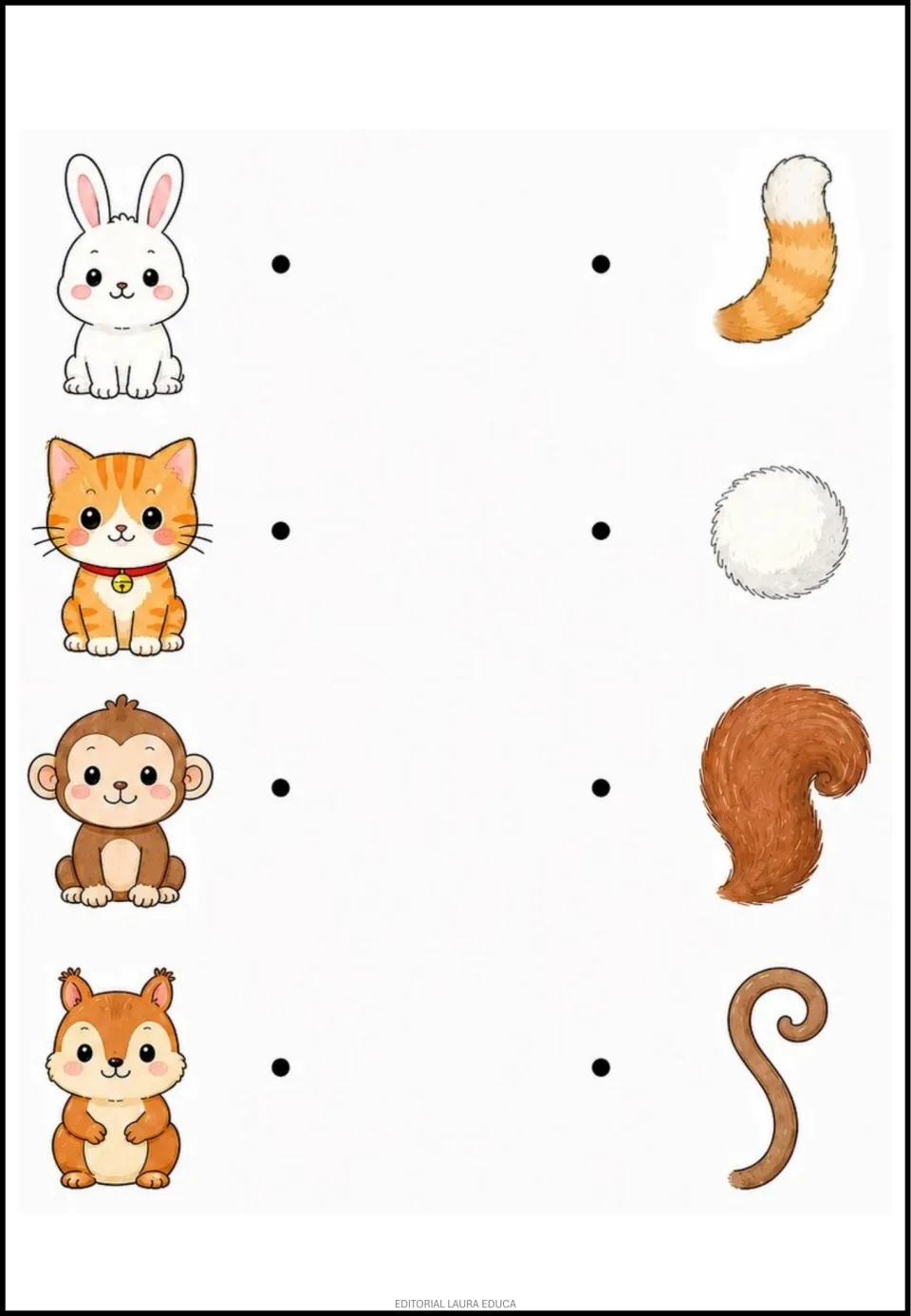 Matching exercise 1: rabbit, cat, monkey, and squirrel pictures to pair with their corresponding tails.