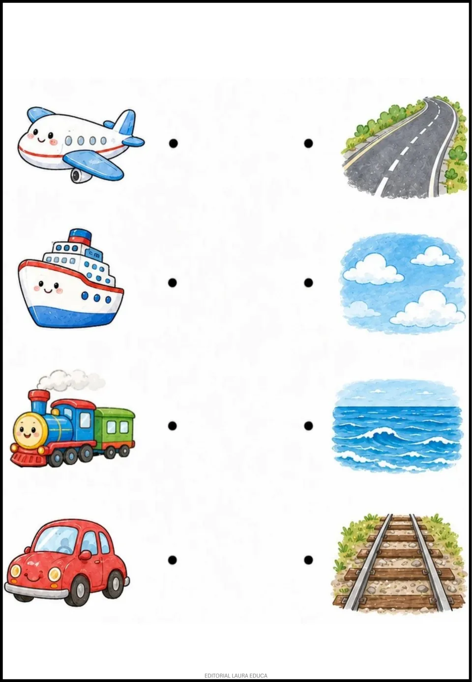 Matching exercise 2: airplane, ship, train, and car pictures to pair with sky, ocean, tracks, and road.