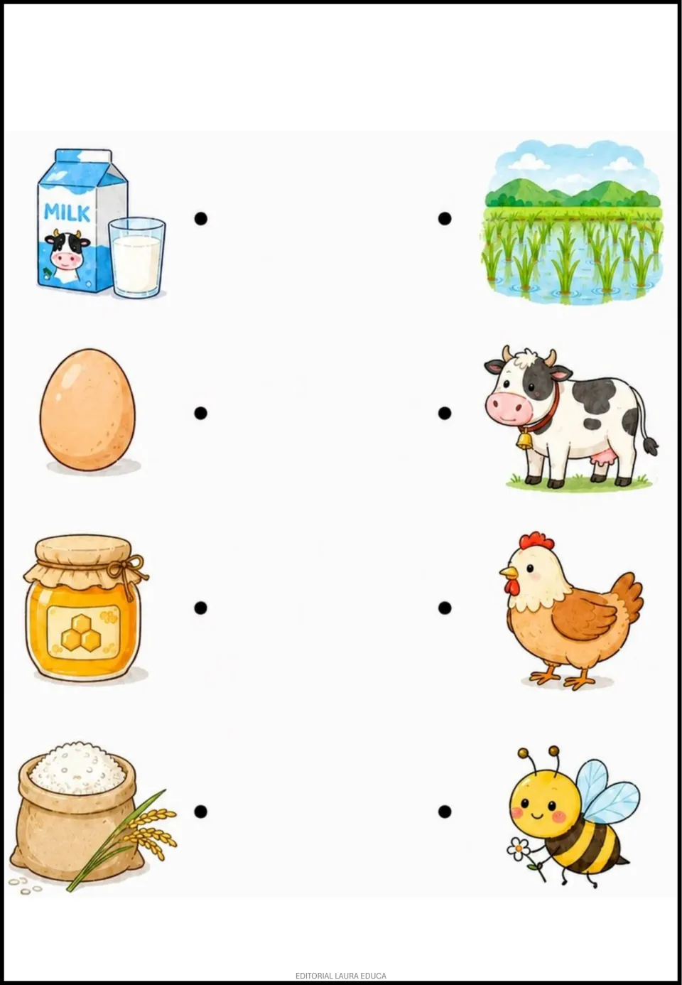 Matching exercise 3: milk, egg, honey, and rice pictures to pair with a cow, chicken, bee, and rice field.