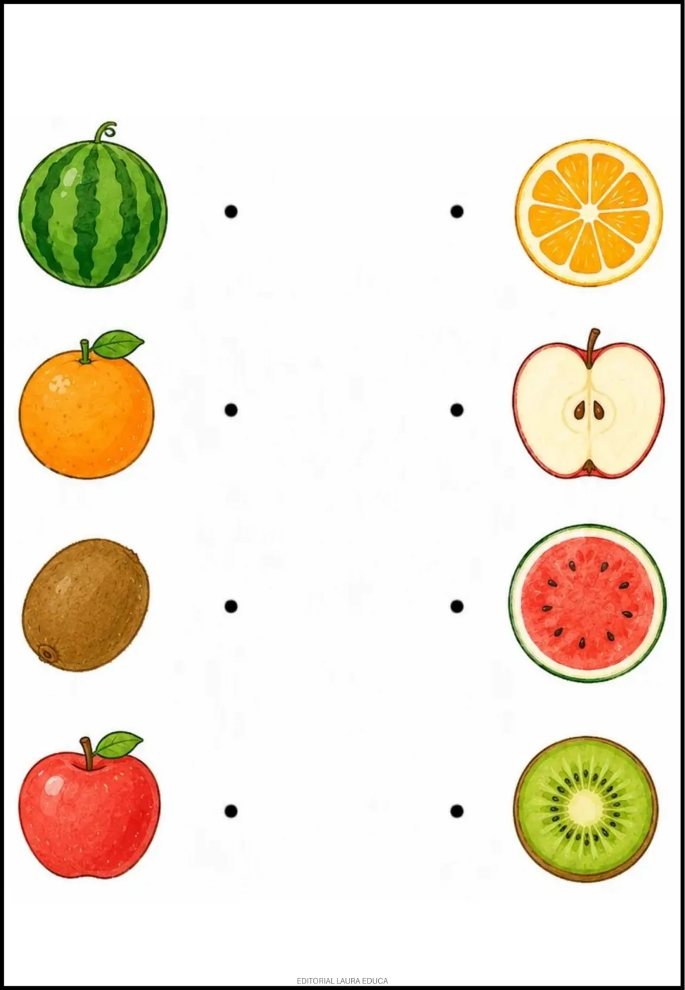 Matching exercise 4: whole watermelon, orange, kiwi, and apple pictures to pair with their cut interiors.