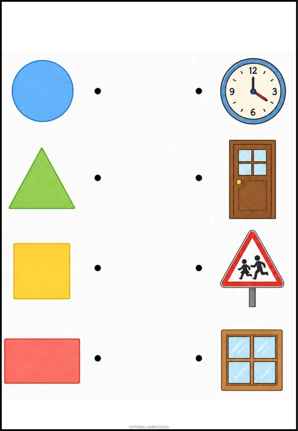 Matching exercise 5: circle, triangle, square, and rectangle to pair with a clock, sign, window, and door.
