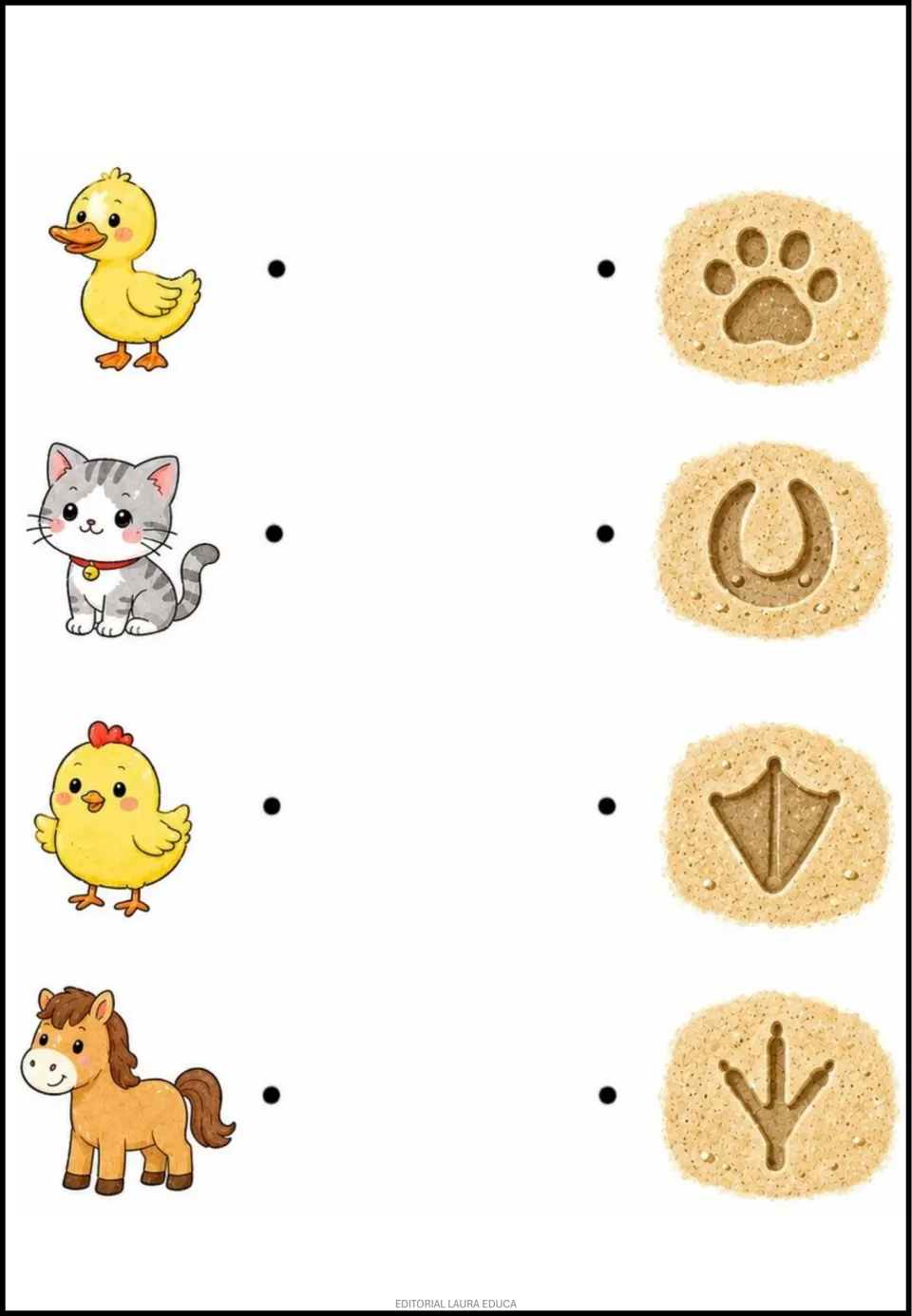 Matching exercise 6: duck, cat, chicken, and horse pictures to pair with their corresponding footprints.