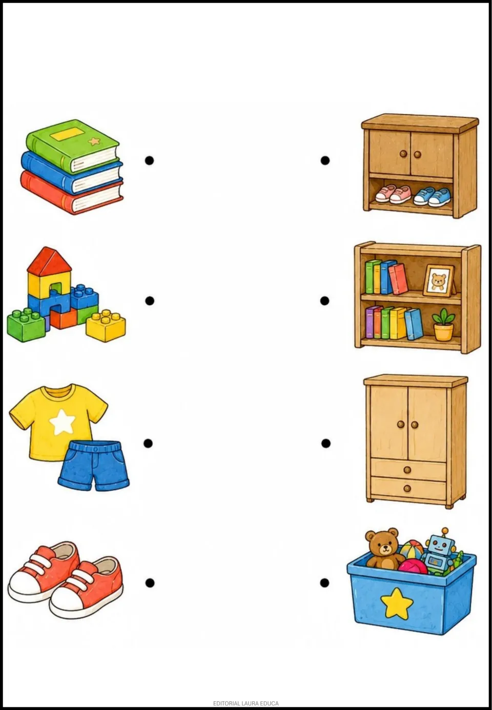 Matching exercise 7: books, blocks, clothes, and shoes to pair with their corresponding storage places.