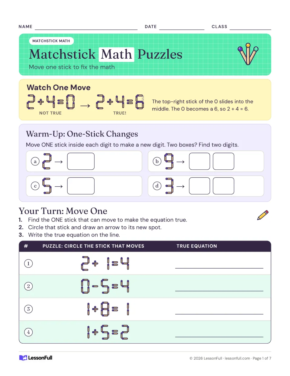 Matchstick math practice: a worked 2 + 4 = 6 example, four digit warm-ups, and move-one puzzles 1–4.