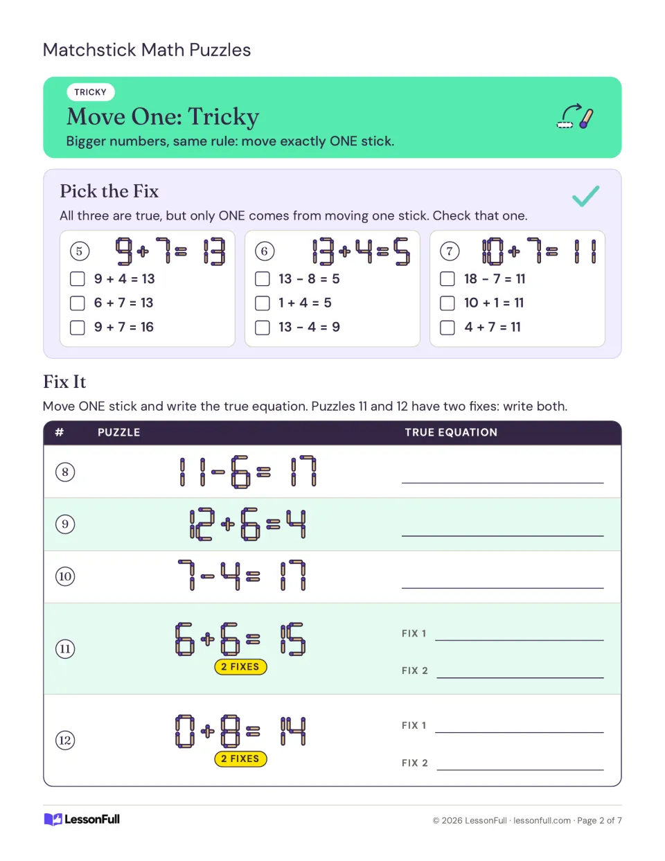 Move-one matchstick puzzles 5–12: choose the correct fix, repair equations, and find two fixes for 11 and 12.
