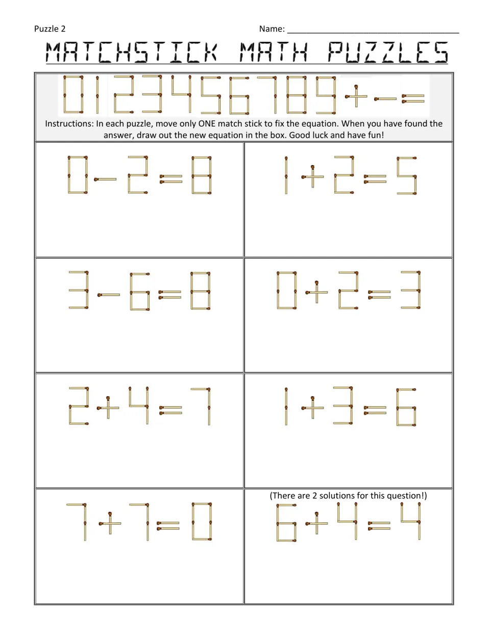 Puzzle 2: students move a single matchstick to correct 8 equations like 0-2=8 and 7+7=0, drawing each fixed equation
