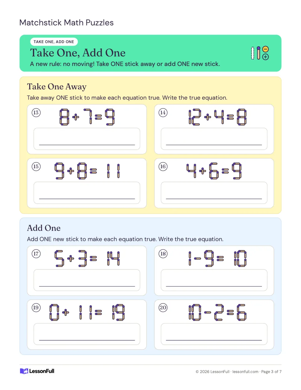 Matchstick puzzles 13–20: take one stick away in 13–16 and add one stick in 17–20 to make equations true.
