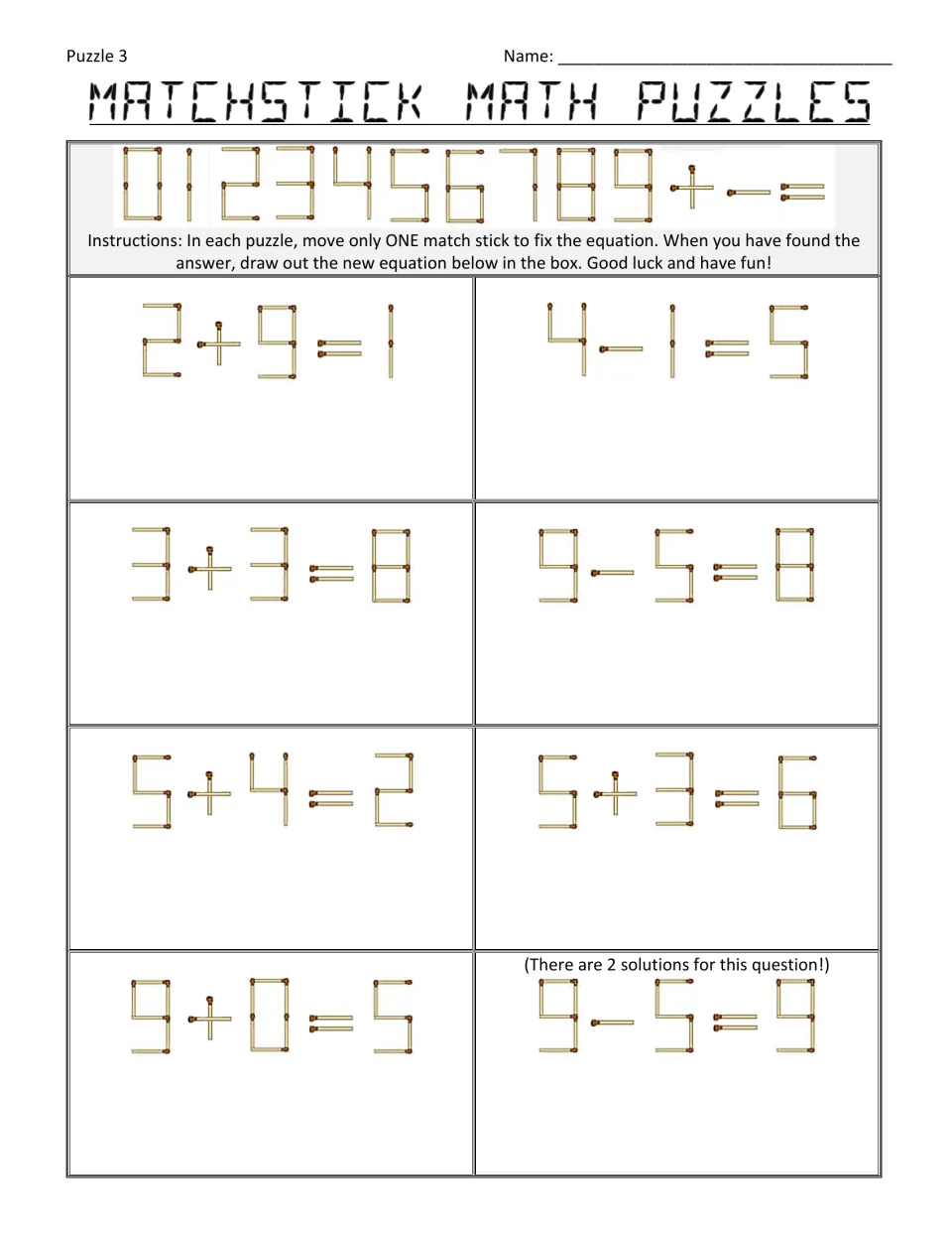 Puzzle 3: students shift one matchstick to repair 8 equations including 2+9=1 and 9-5=9, then sketch the corrected fact