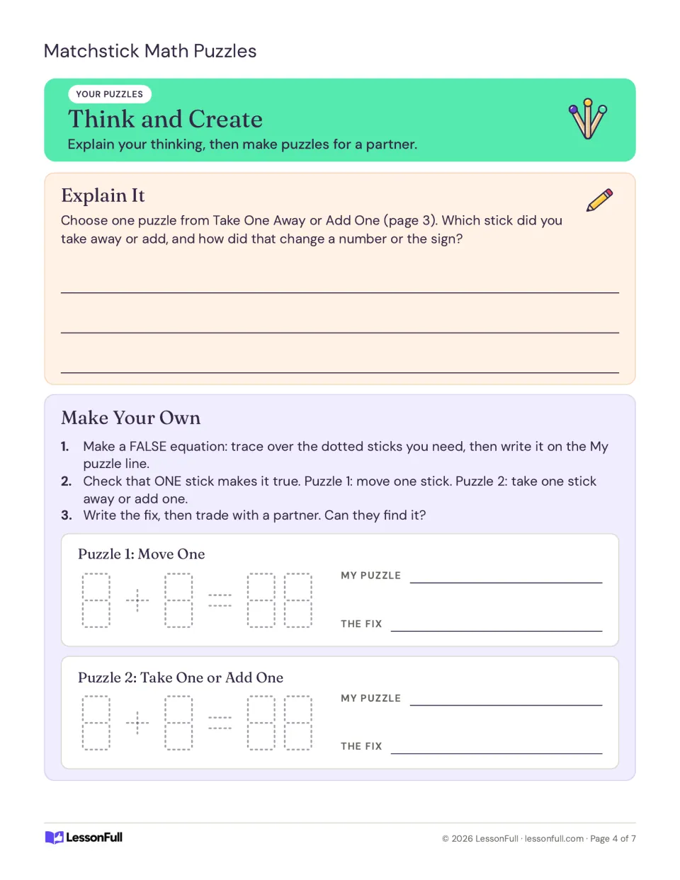 Think and Create: explain a stick change from page 3, then make two matchstick puzzles to trade with a partner.