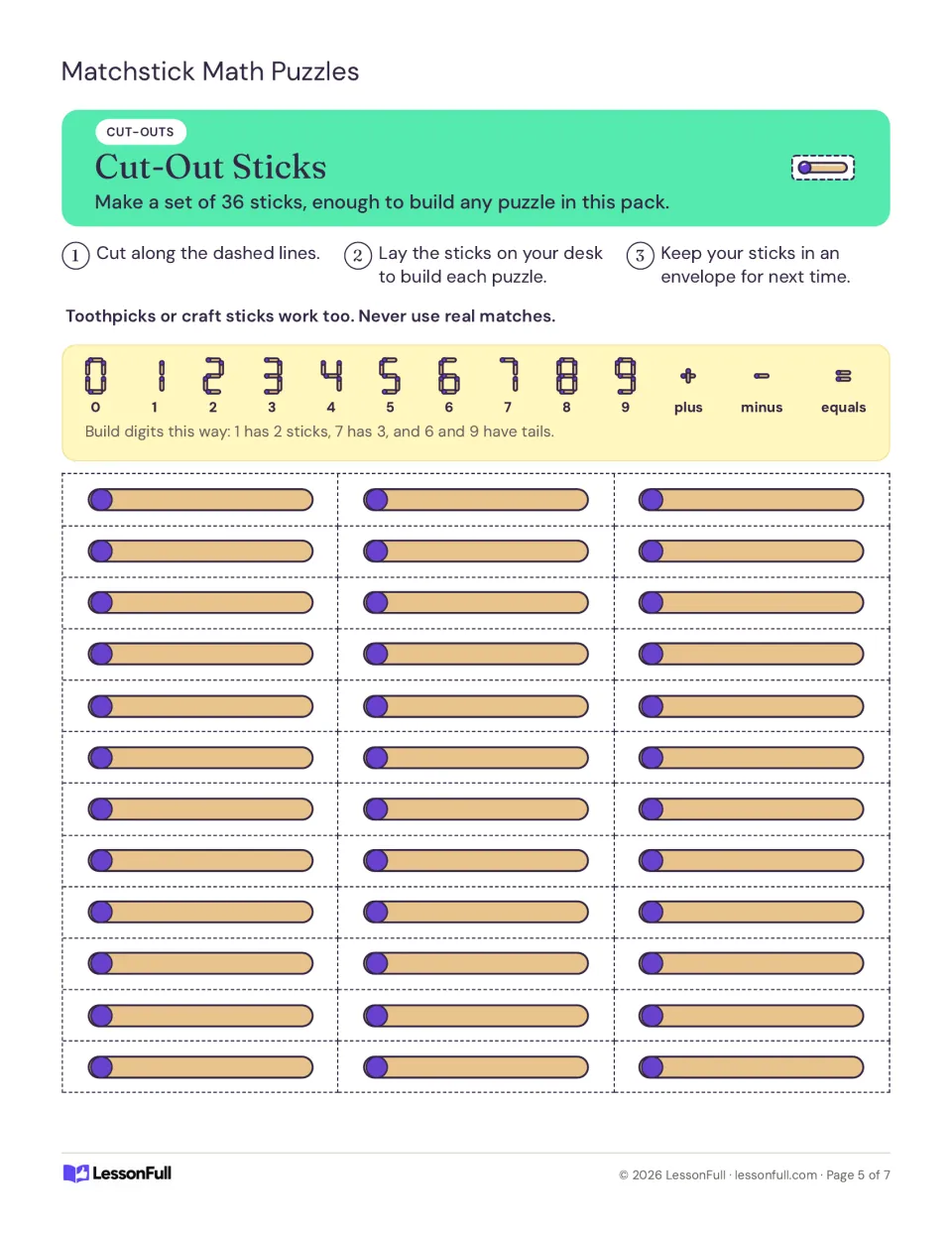 Cut-out sheet of 36 sticks for building the packet’s puzzles, with models for digits 0–9 and math signs.