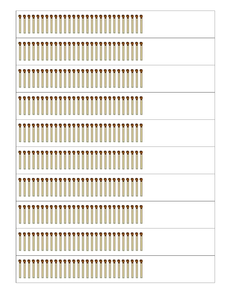 Printable matchsticks: ten rows of small matchstick pictures for students to cut out and move while solving the equations