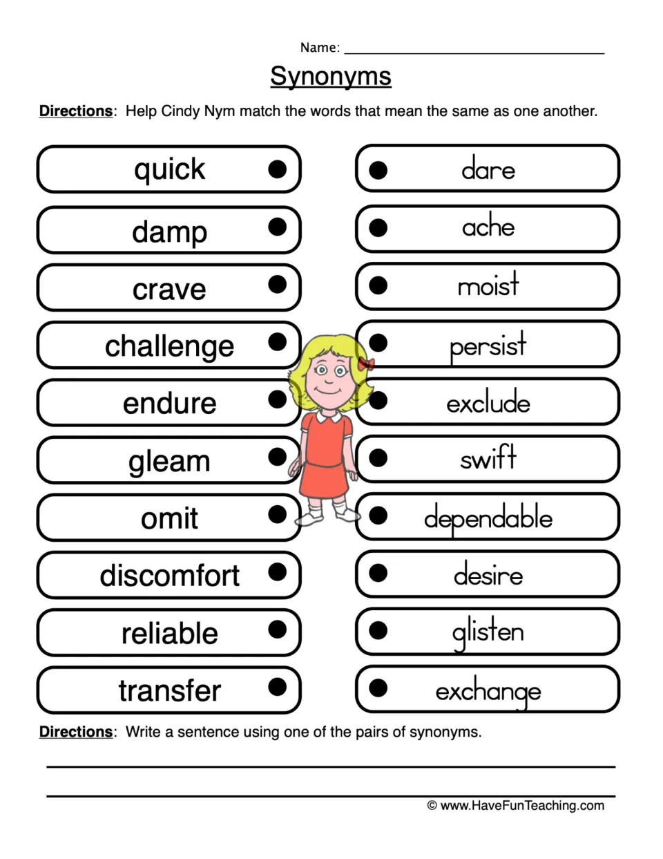 Synonyms: students match 10 word pairs such as quick/swift and damp/moist, then write a sentence using one synonym pair