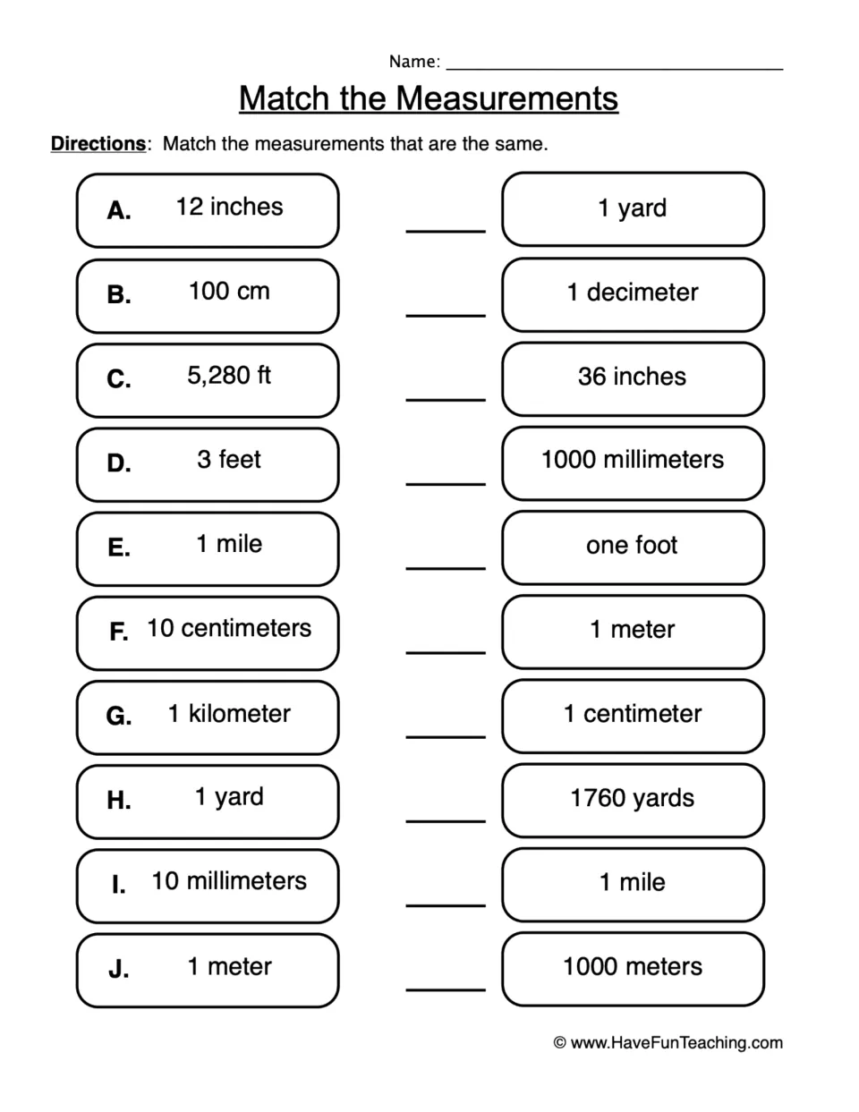Equivalent lengths: students match 10 measures, like 12 inches and 100 cm, to equal amounts such as one foot and 1 meter