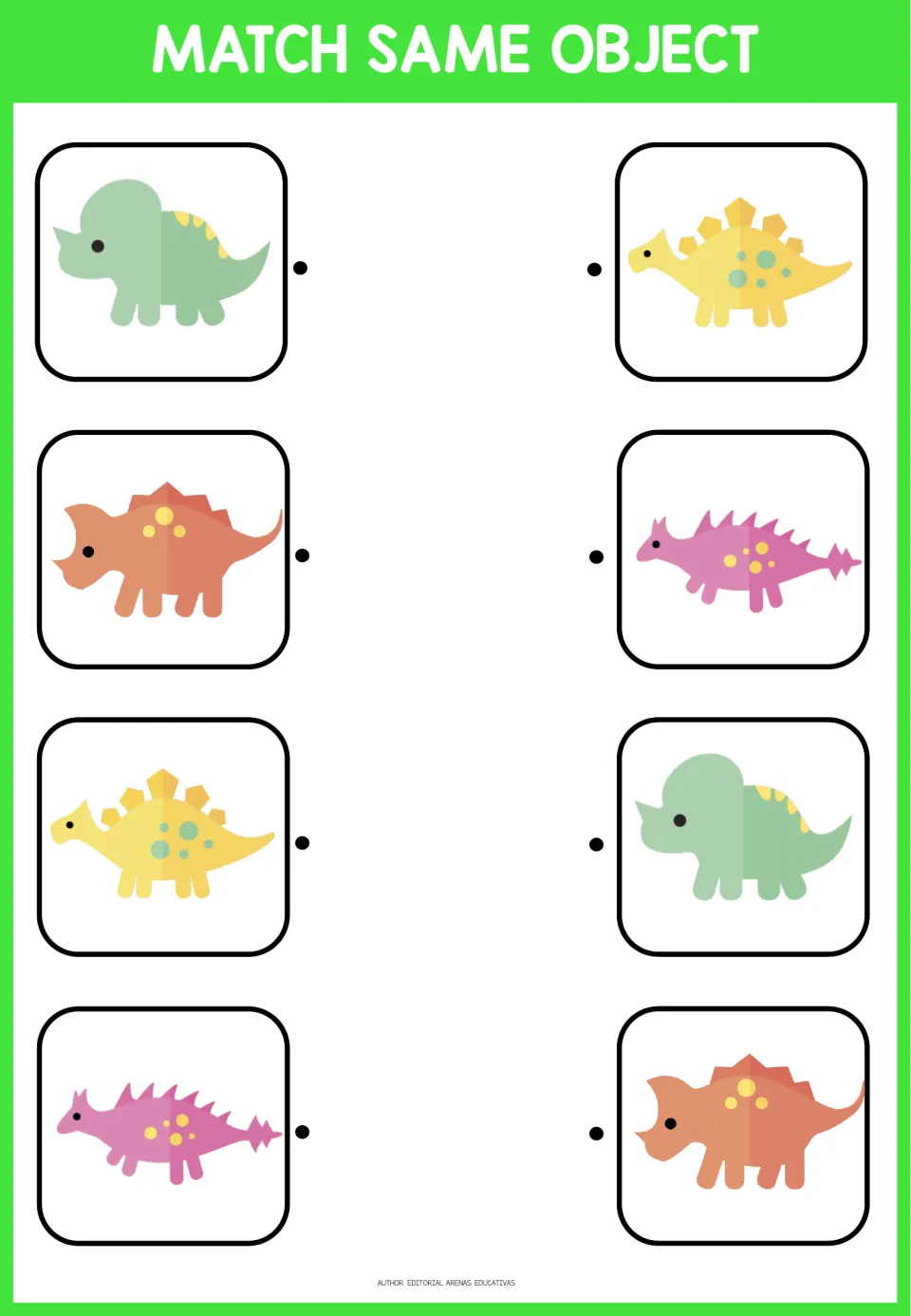 Third matching activity: four dinosaur pairs featuring green and orange horned types and yellow and pink types