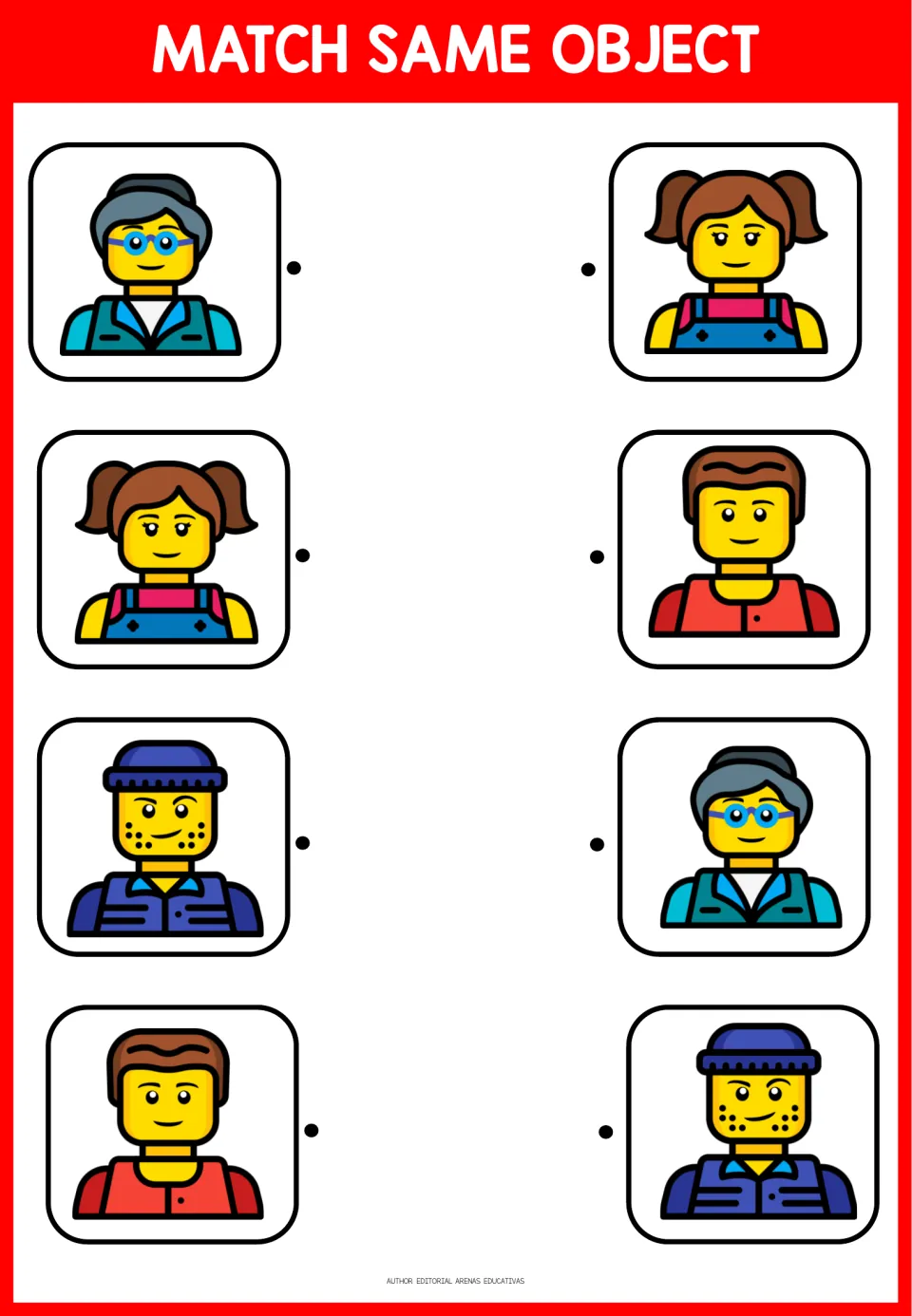 Matching activity 1: four character pairs featuring glasses, pigtails, a blue cap, and a red shirt