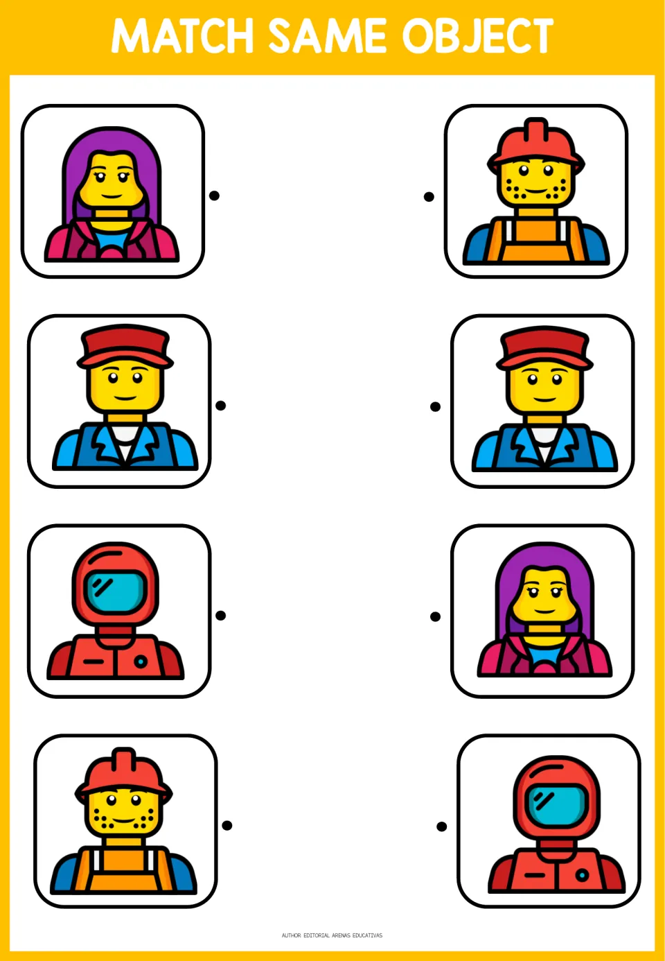 Matching activity 2: four character pairs featuring purple hair, a red cap, a red helmet, and a hard hat