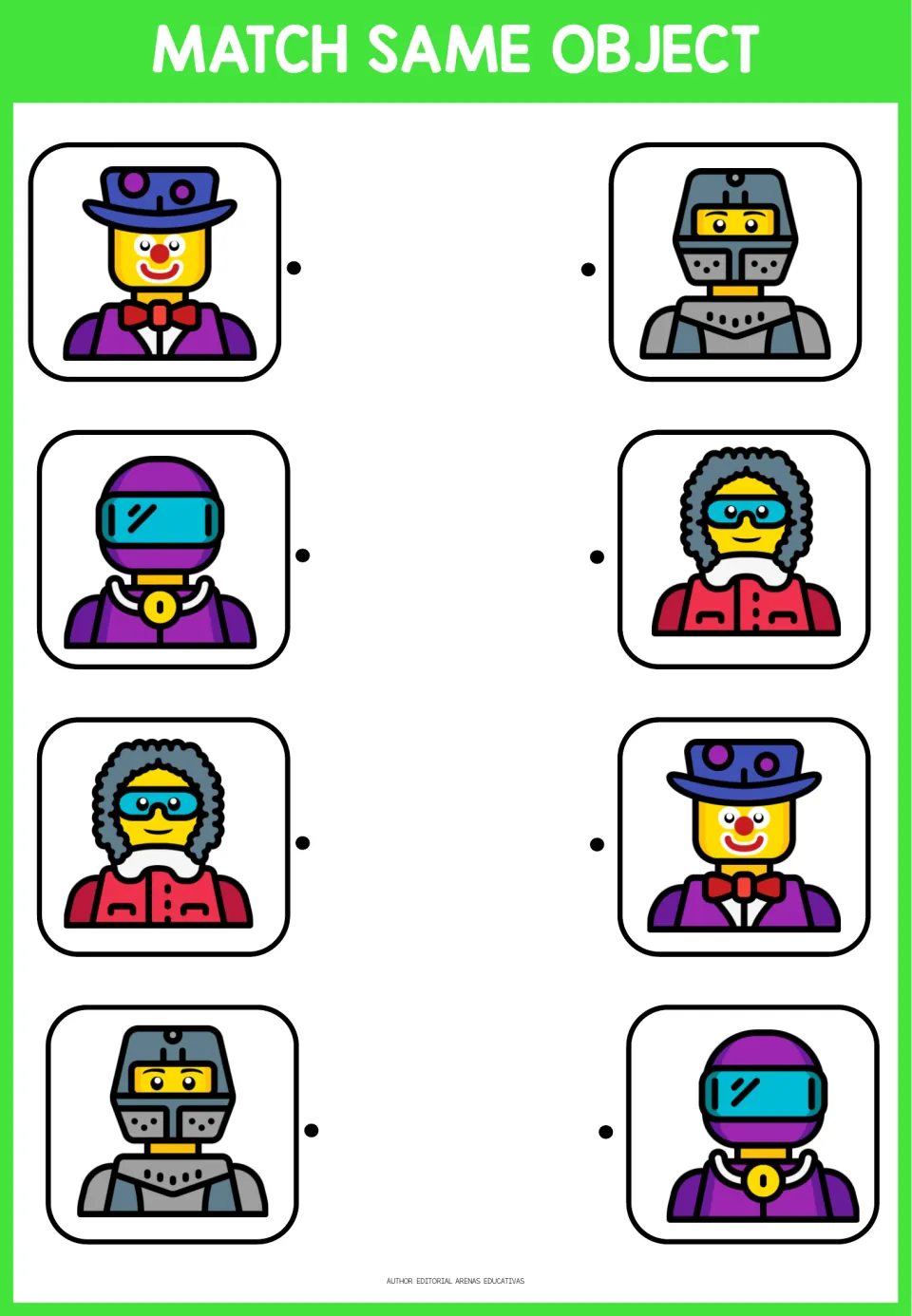 Matching activity 3: four character pairs featuring a clown, purple helmet, winter hood, and knight armor