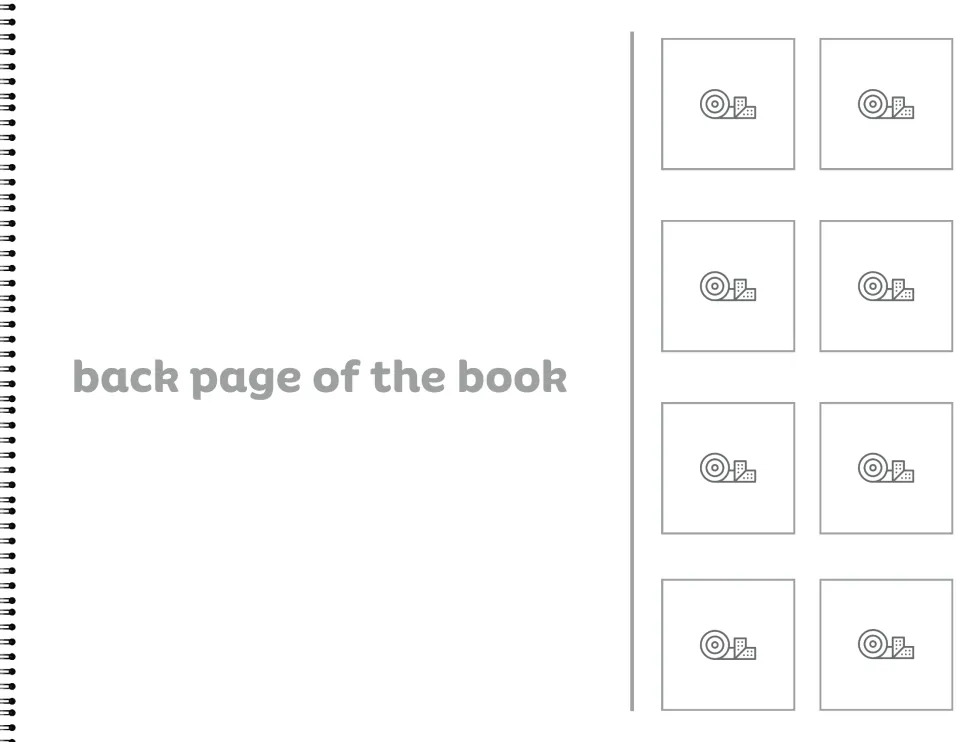 Back page of the book: 8 spots marked with sticky-dot icons where the loose shape cards are stored until used