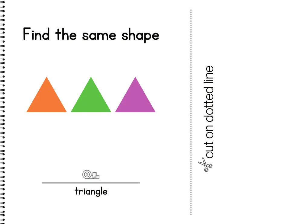 Triangle matching: orange, green and purple triangles shown; students stick the matching triangle card on the line