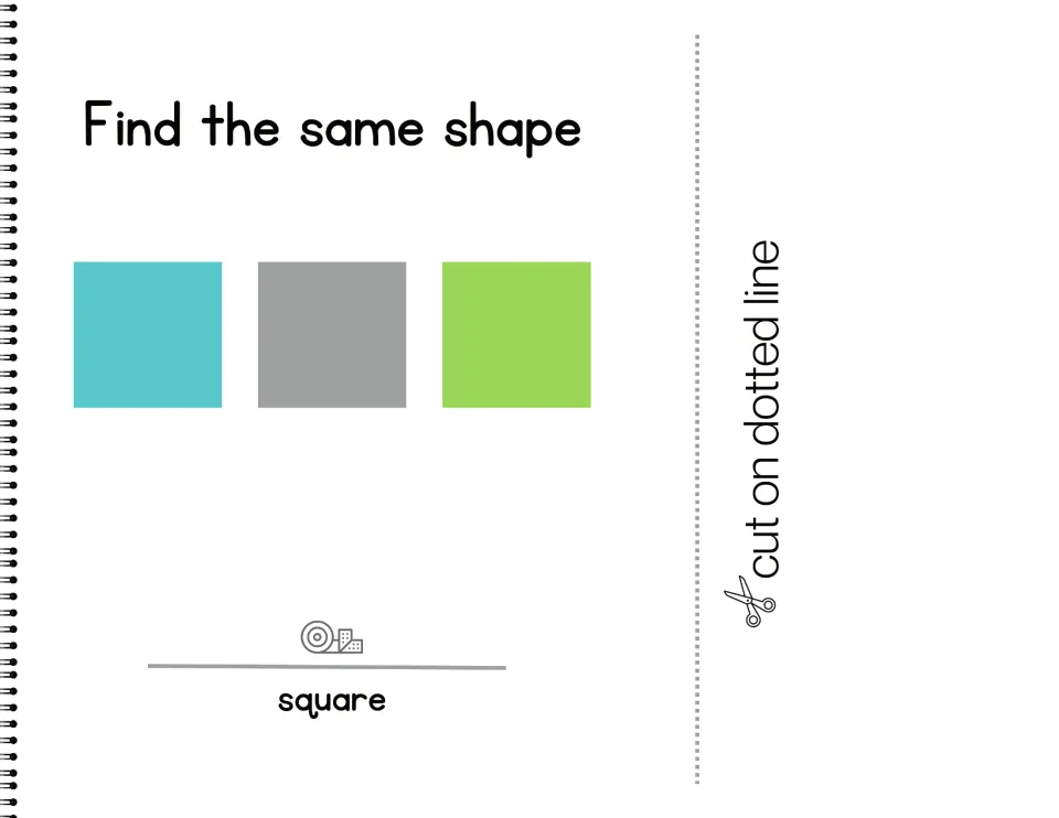 Square matching: teal, gray and green squares shown; students find the same shape card and attach it above 'square'