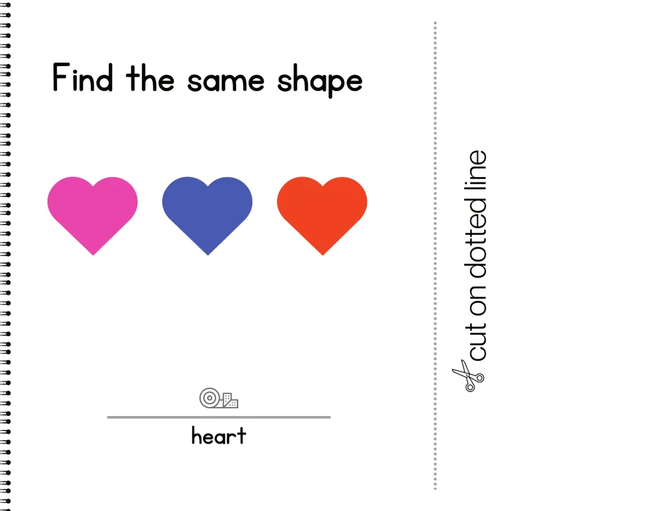 Heart matching: pink, blue and red hearts shown; students choose the heart card and place it on the dot above 'heart'