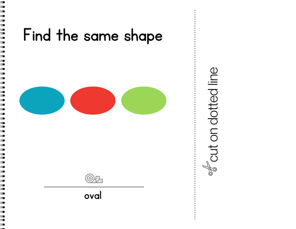 Oval matching: blue, red and green ovals shown; students pick the oval card and fix it on the dot above the word 'oval'