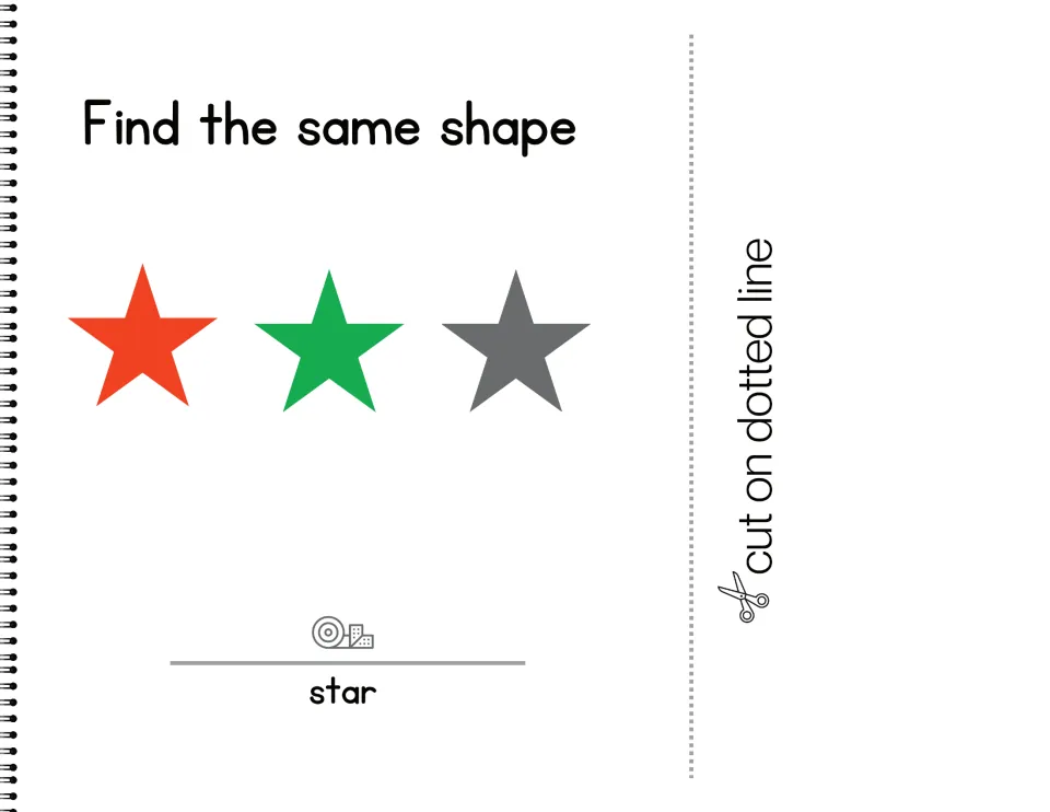 Star matching: red, green and gray stars shown; students find the star card and stick it on the dot above the word 'star'