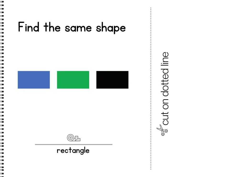 Rectangle matching: blue, green and black rectangles; students pick the rectangle card and attach it above 'rectangle'