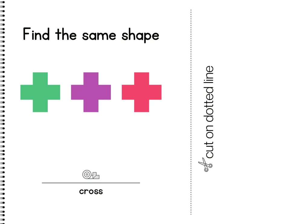 Cross matching: green, purple and pink cross shapes; students find the cross card and stick it on the dot above 'cross'