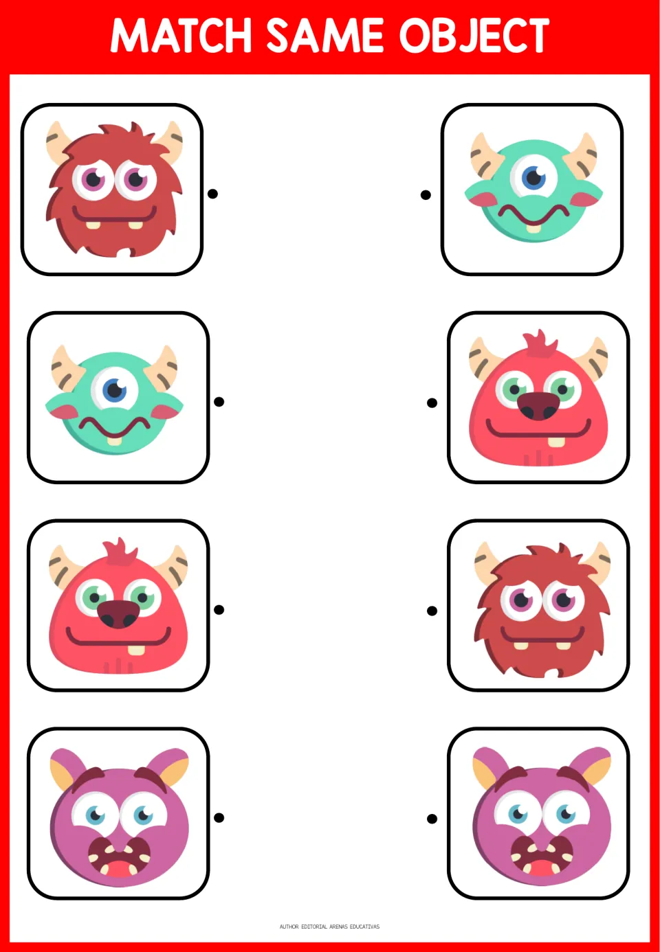 First matching activity: four monster pairs featuring red fur, one green eye, a pink face and purple ears