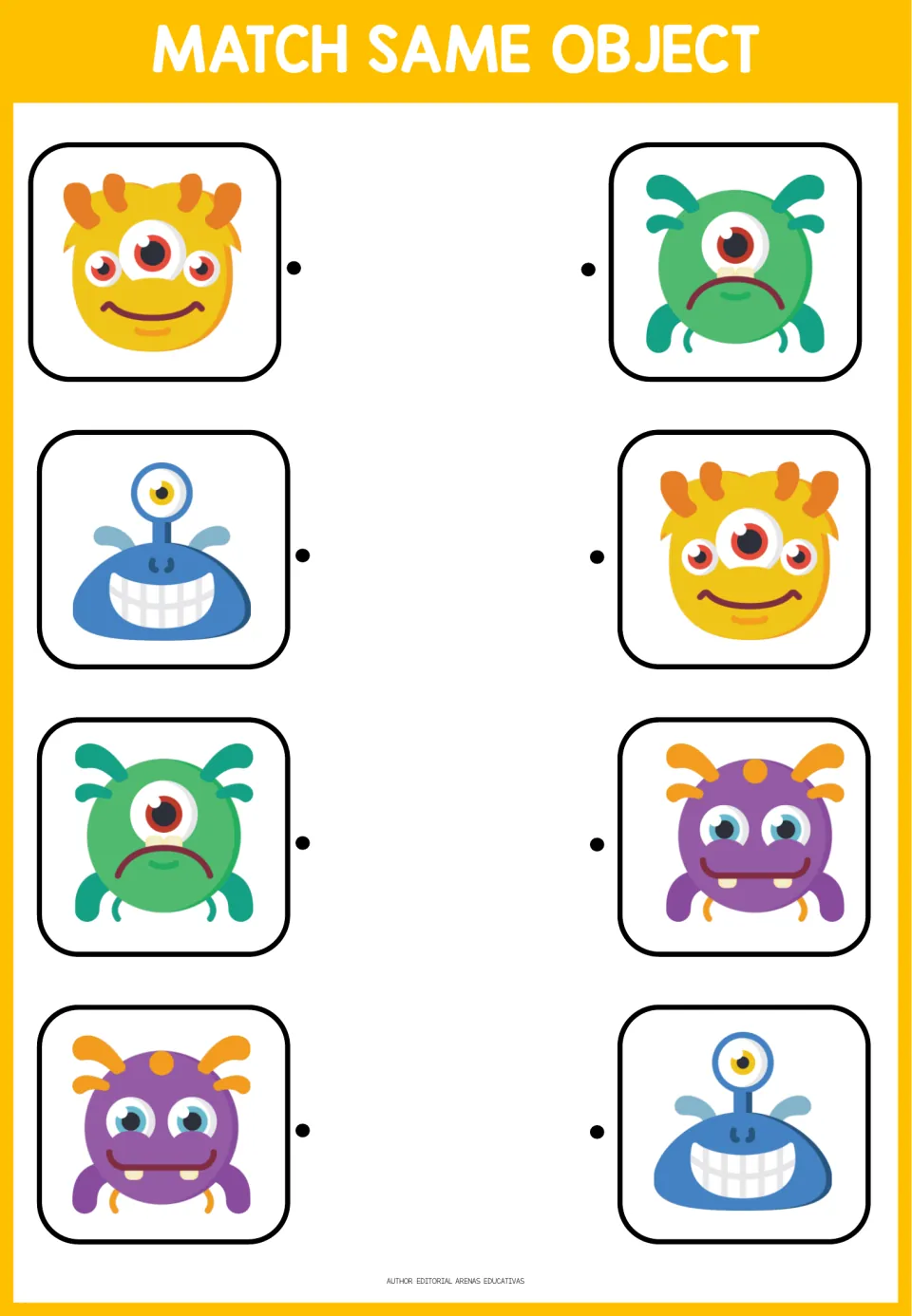 Second matching activity: four monster pairs featuring yellow horns, a blue grin, a green frown and purple skin