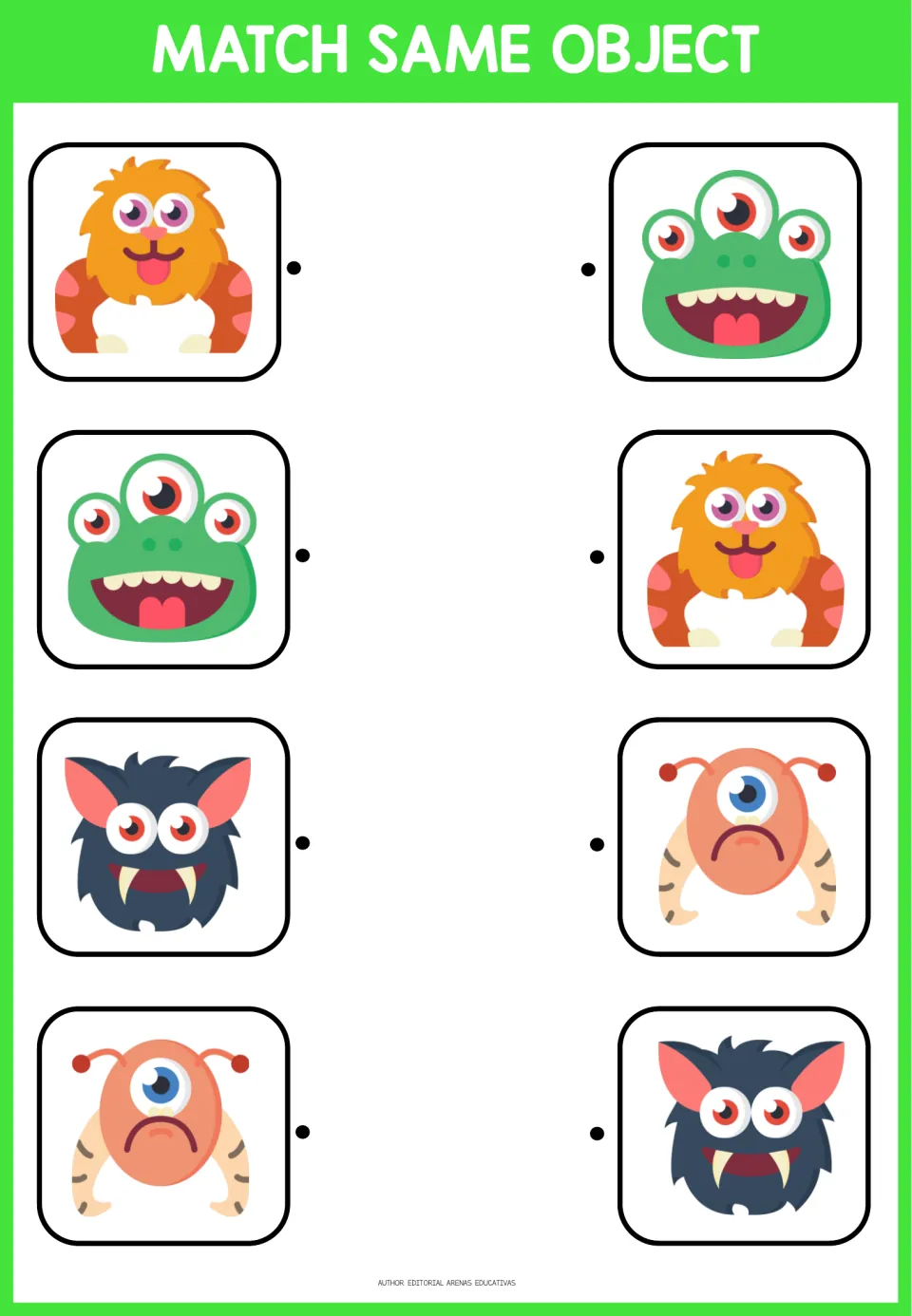 Third matching activity: four monster pairs featuring orange fur, three green eyes, dark fur and a peach face