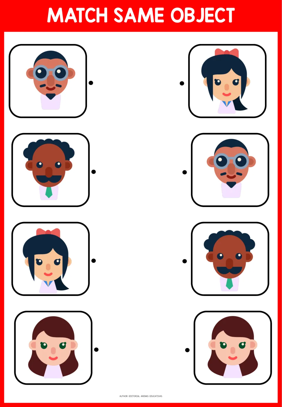 First matching activity: four portrait pairs, including a man with round glasses and a woman wearing a red bow
