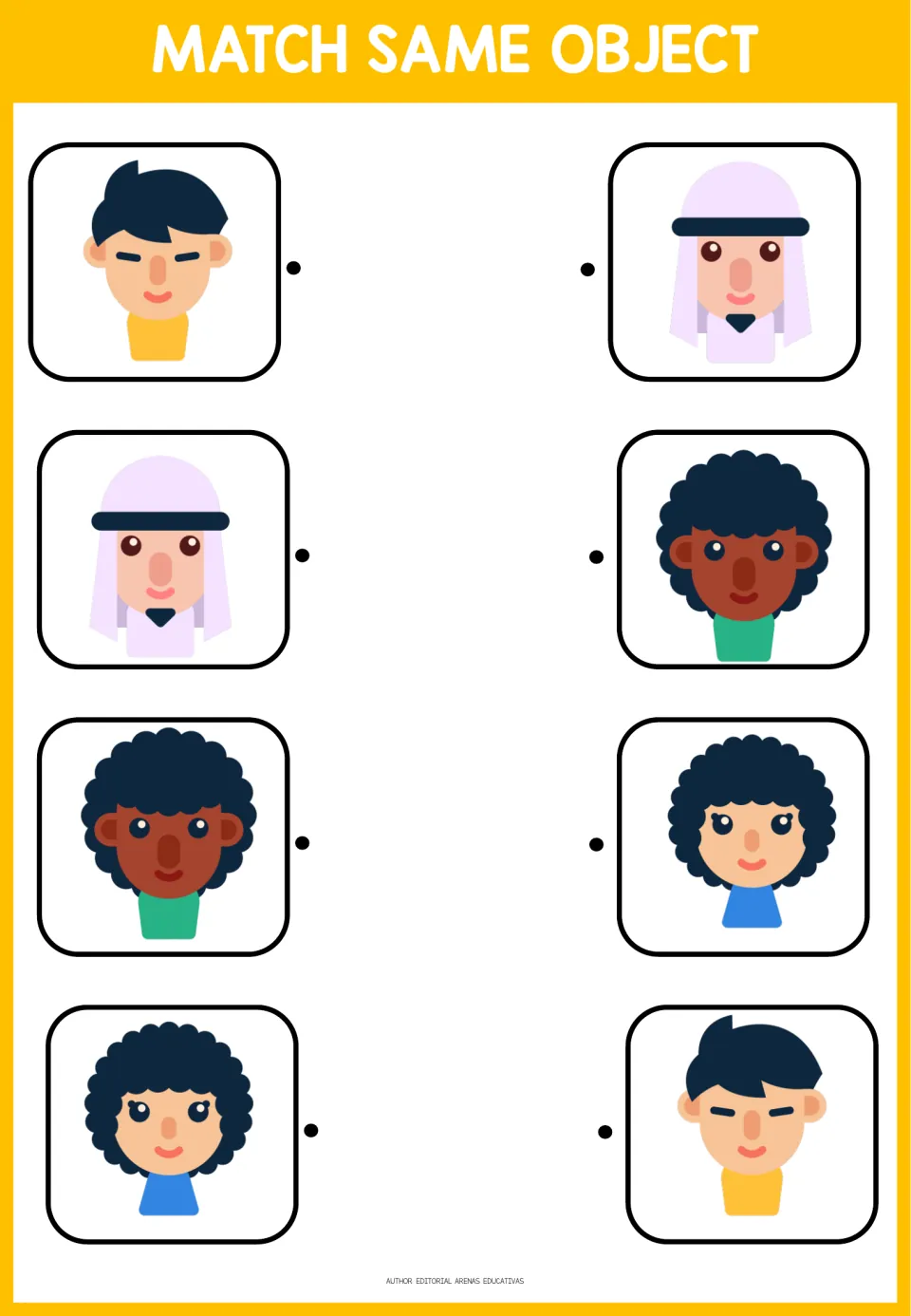 Second matching activity: four portrait pairs featuring a yellow shirt, a head covering, and curly hair