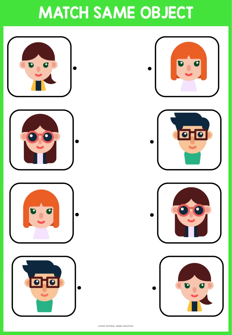 Third matching activity: four portrait pairs featuring a ponytail, red glasses, orange hair, and square glasses