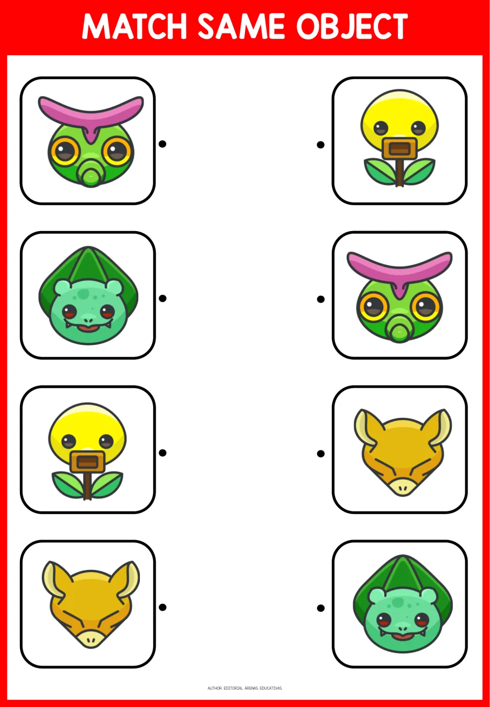 Matching activity 1 of 3: four pairs featuring a pink-topped green face, leafy creature, flower, and fox.