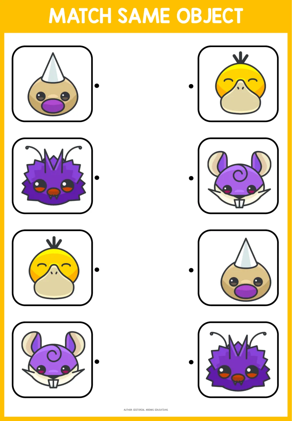 Matching activity 2 of 3: four pairs featuring a horned face, purple bug, yellow duck, and purple mouse.