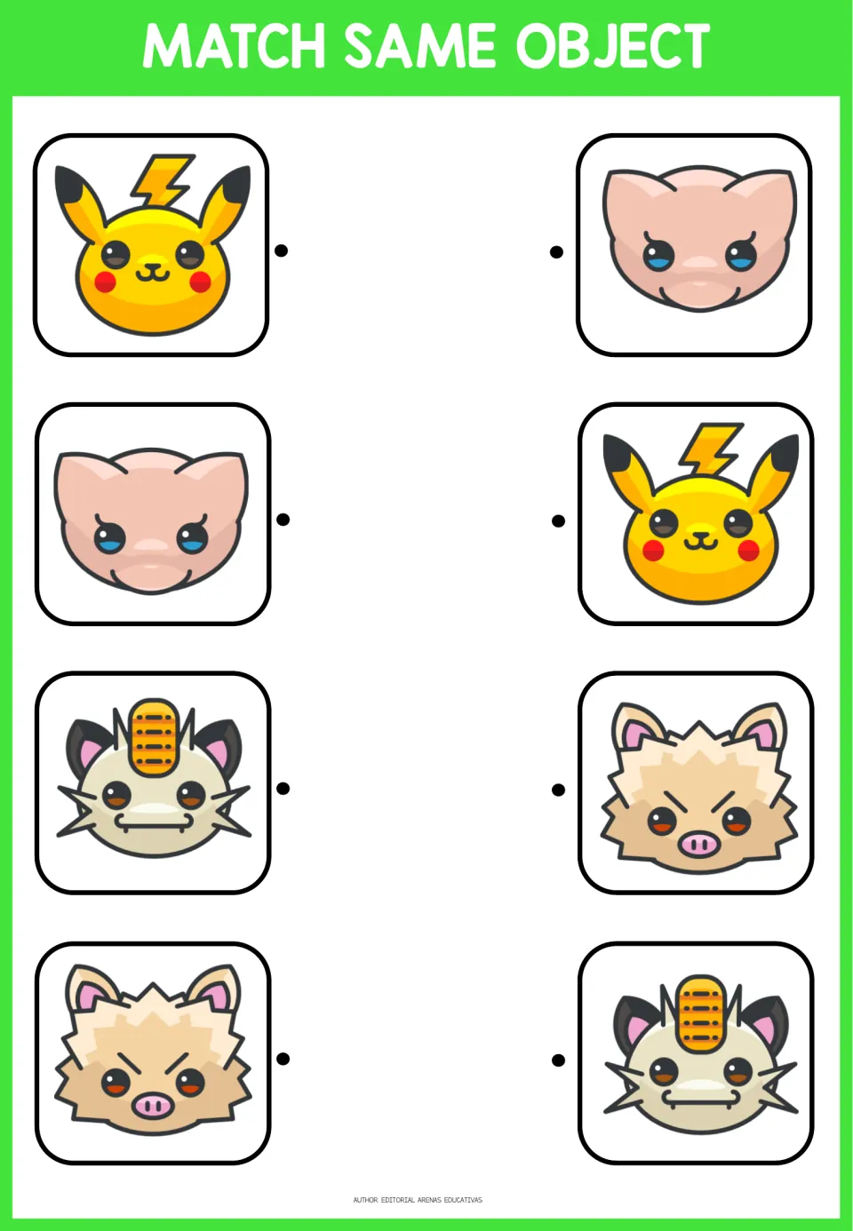 Matching activity 3 of 3: four pairs featuring Pikachu, a pink creature, a cream-colored cat, and a piglike face.