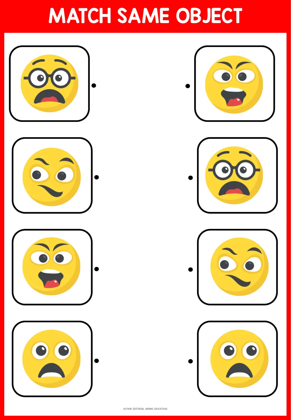 First emoji matching activity: four pairs featuring a worried face with glasses, a smirk, and open mouths