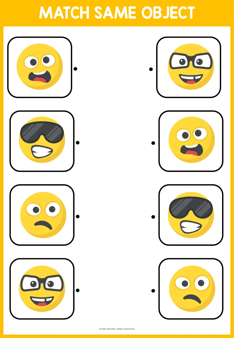 Second emoji matching activity: four pairs featuring sunglasses, rectangular glasses, a frown, and a grin