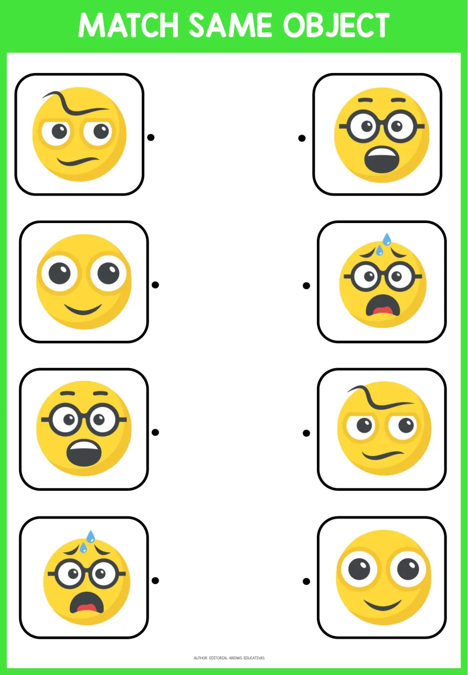 Third emoji matching activity: four pairs featuring a smile, a raised brow, and two faces with glasses