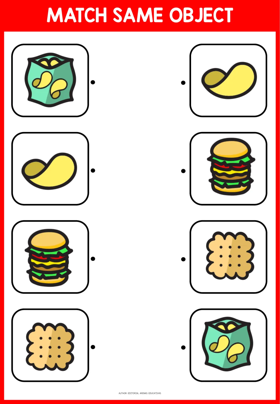 Food matching activity 1 of 3: four pairs showing a bag of chips, a single chip, a hamburger, and a cracker