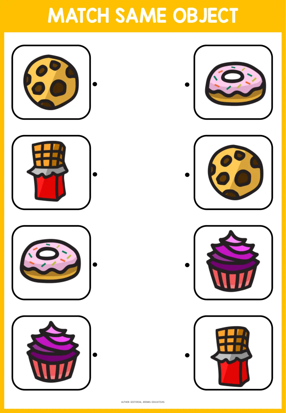 Food matching activity 2 of 3: four pairs showing a cookie, a wrapped chocolate bar, a donut, and a cupcake