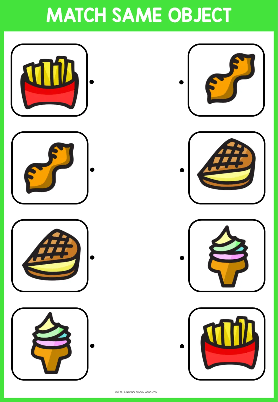 Food matching activity 3 of 3: four pairs showing fries, a twisted snack, a toasted sandwich, and ice cream
