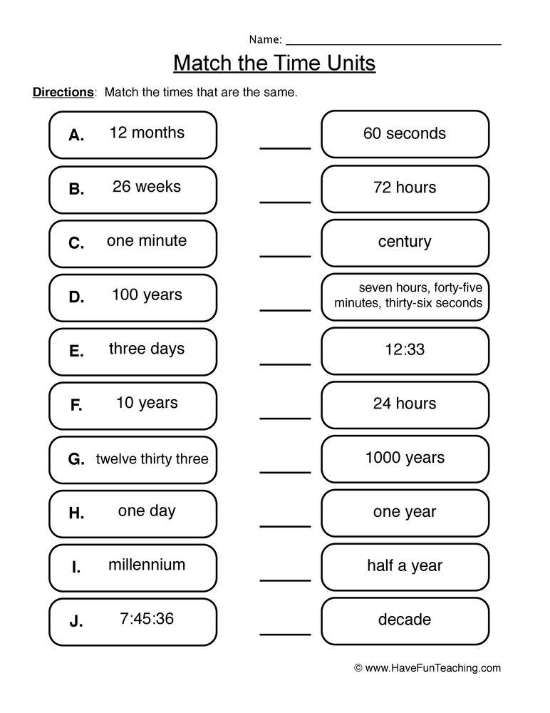 Match the Time Units Worksheet by Teach Simple