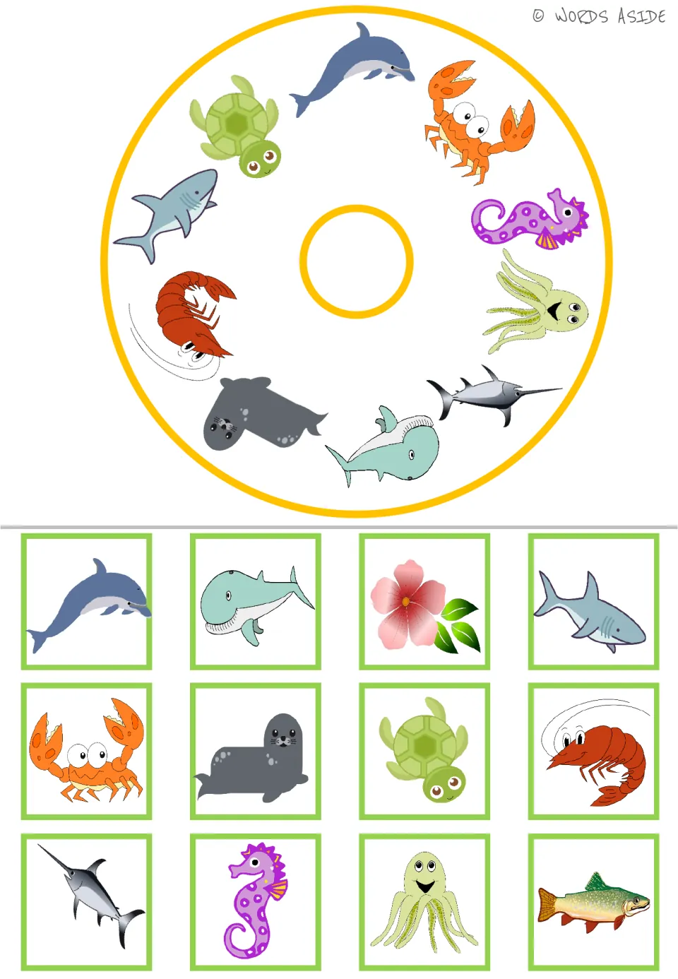 Water animal matching wheel with 10 animals and 12 cards, including dolphin, crab, flower, and fish