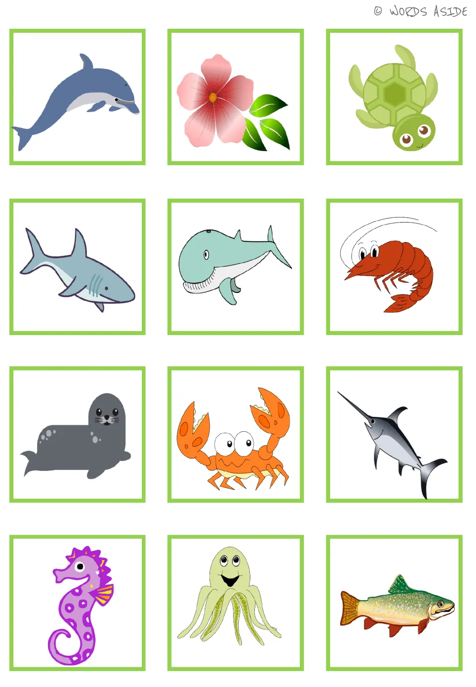 Water animal matching set: 12 enlarged cards, including dolphin, whale, shark, turtle, flower, and fish